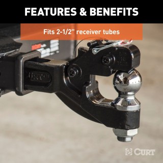 CURT Heavy-Duty Combination Ball and Pintle Hitch for Secure Towing CURT combination ball and pintle hitch with powder coat and chrome finish, fits 2-1/2 inch receiver, 20,000 lbs capacity.