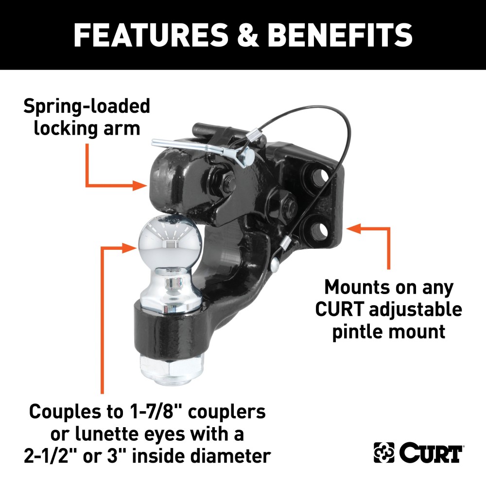 CURT Combination Ball and Pintle Hitch with Durable Finish CURT combination ball and pintle hitch for heavy-duty towing, featuring a durable powder coat finish and secure coupling.