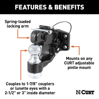 CURT Combination Ball and Pintle Hitch with Durable Finish CURT combination ball and pintle hitch for heavy-duty towing, featuring a durable powder coat finish and secure coupling.