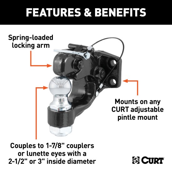 CURT Combination Ball and Pintle Hitch with Durable Finish CURT combination ball and pintle hitch for heavy-duty towing, featuring a durable powder coat finish and secure coupling.