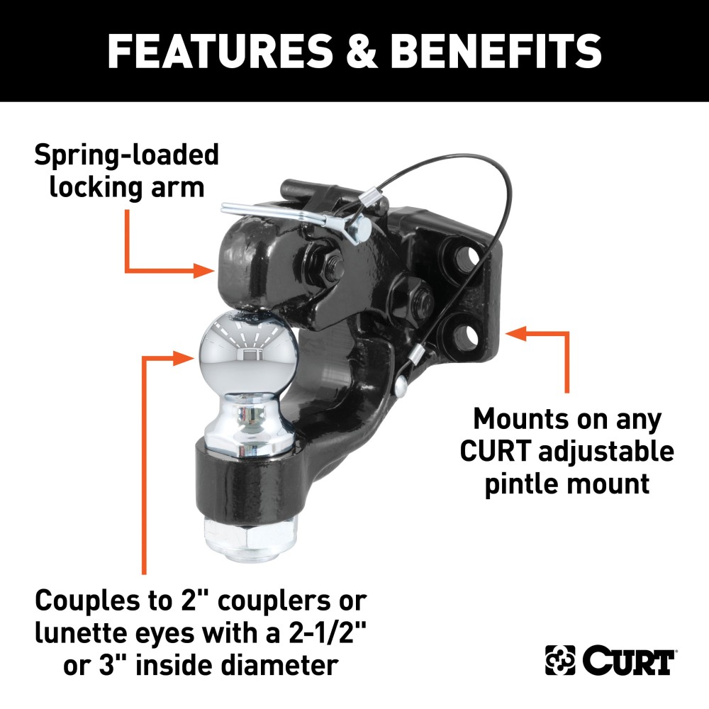 CURT Combination Ball and Pintle Hitch for Heavy-Duty Towing CURT combination ball and pintle hitch with 16000 lb towing capacity for trucks and SUVs