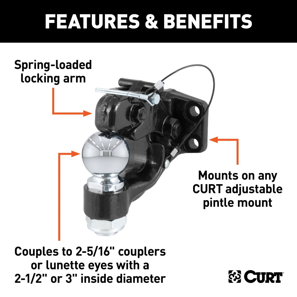 CURT Combination Pintle and Ball Hitch - Secure Towing Solution CURT combination ball and pintle hitch with gloss black powder coat finish for secure, heavy-duty towing.