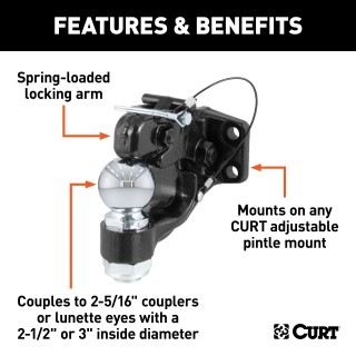 CURT Combination Pintle and Ball Hitch - Secure Towing Solution CURT combination ball and pintle hitch with gloss black powder coat finish for secure, heavy-duty towing.