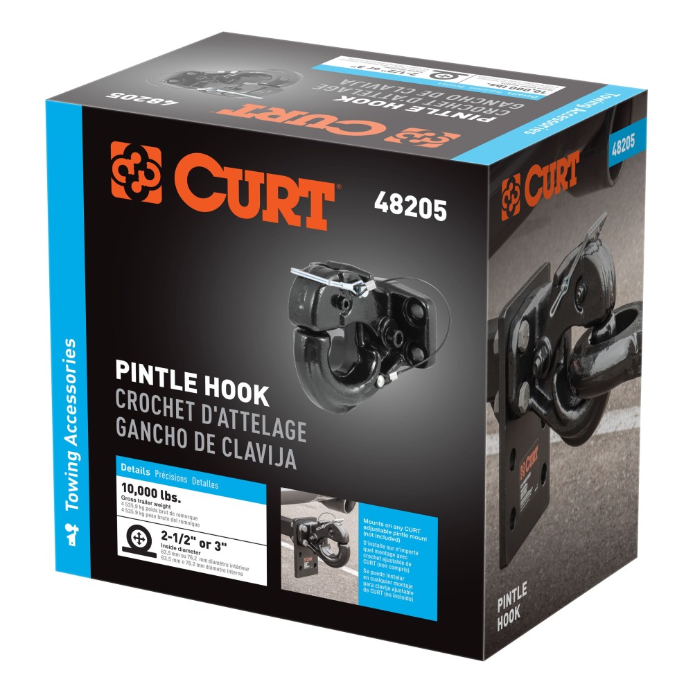 CURT pintle hitch with durable black carbide powder coat finish for secure towing.