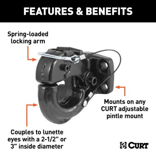 CURT Heavy-Duty Pintle Hitch with Powder Coat Finish CURT pintle hitch featuring a secure latch and durable black powder coat finish for heavy-duty towing.