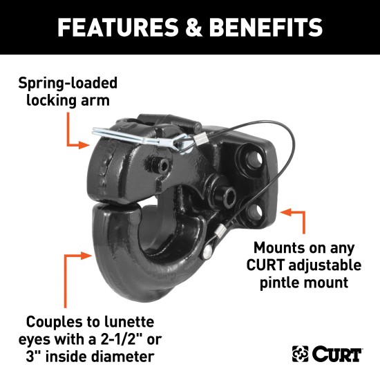 CURT Heavy-Duty Pintle Hitch with Powder Coat Finish CURT pintle hitch featuring a secure latch and durable black powder coat finish for heavy-duty towing.