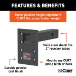 CURT adjustable pintle mount with black carbide finish for towing, fits 2 inch receiver tubes