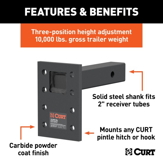CURT Adjustable Pintle Mount for Heavy-Duty Towing Applications CURT adjustable pintle mount with black carbide finish for towing, fits 2 inch receiver tubes
