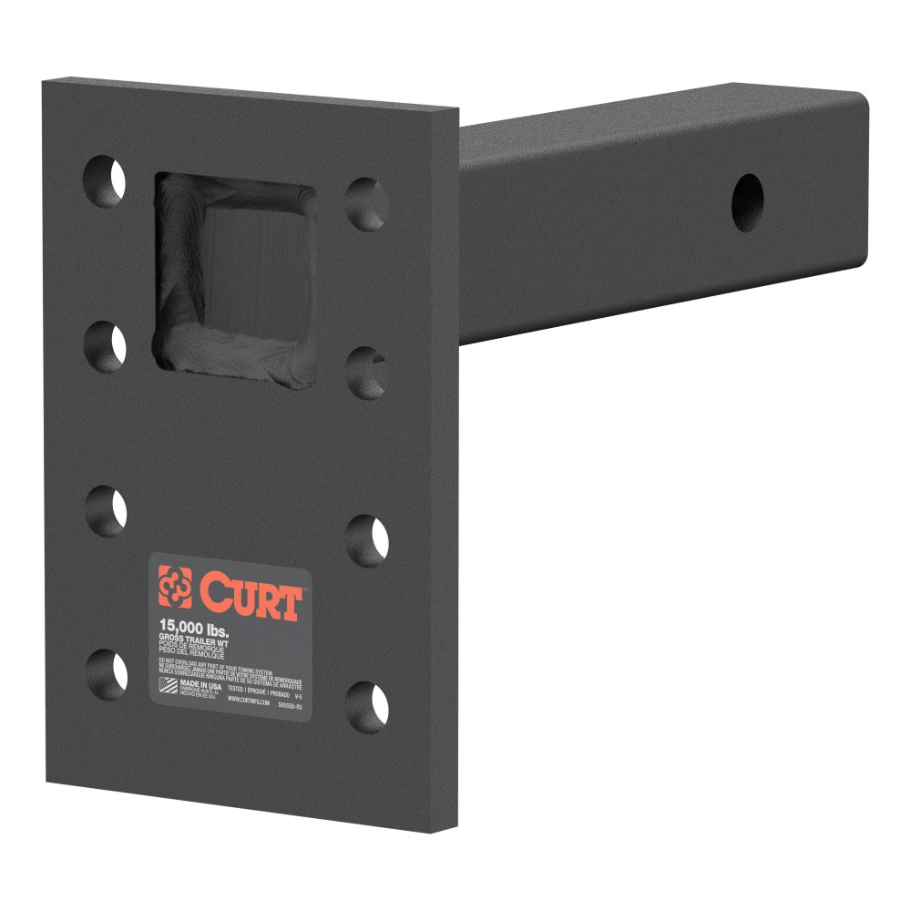 CURT Adjustable Pintle Mount with Carbide Powder Coat Finish CURT adjustable pintle mount suitable for heavy-duty towing, up to 15,000 lbs, with black carbide powder coat finish.