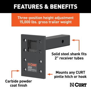 CURT Adjustable Pintle Mount with Carbide Powder Coat Finish CURT adjustable pintle mount suitable for heavy-duty towing, up to 15,000 lbs, with black carbide powder coat finish.