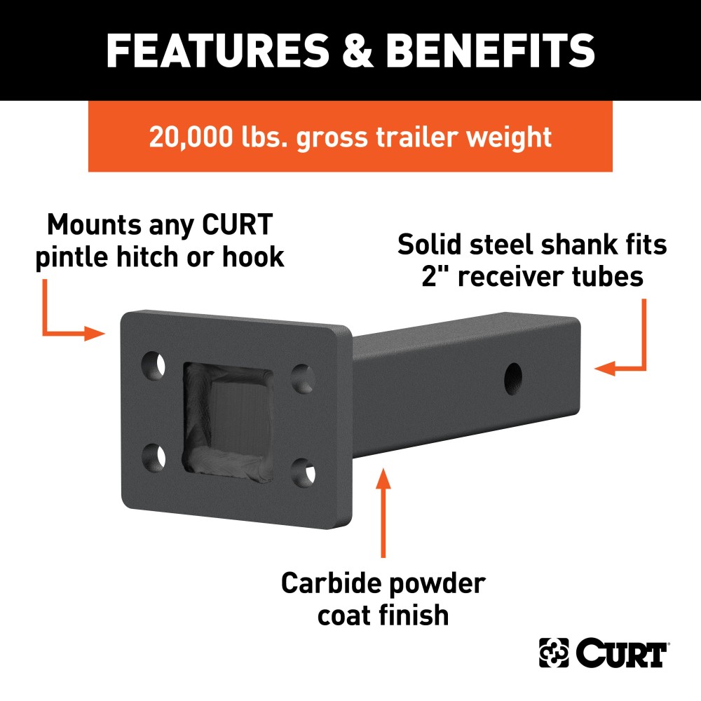 CURT Adjustable Pintle Mount for 2-Inch Receiver - Durable Finish CURT adjustable pintle mount with a solid steel shank for heavy-duty towing on 2-inch receivers.