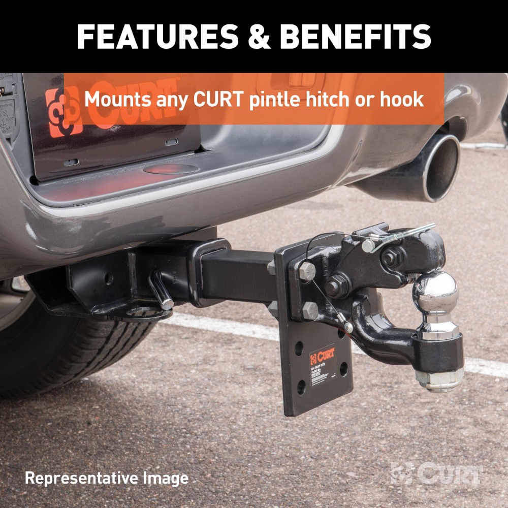 CURT Adjustable Pintle Mount for 2-Inch Receiver - Durable Finish CURT adjustable pintle mount with a solid steel shank for heavy-duty towing on 2-inch receivers.