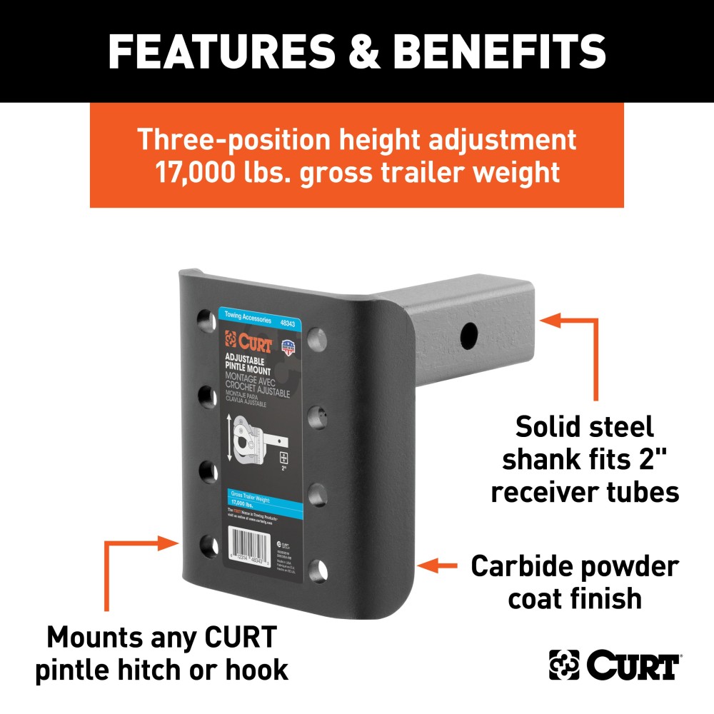 CURT Pintle Hitch Adjustable Mount with 2-Inch Receiver CURT pintle hitch with adjustable mount, fits 2-inch receiver, 17000 lbs capacity