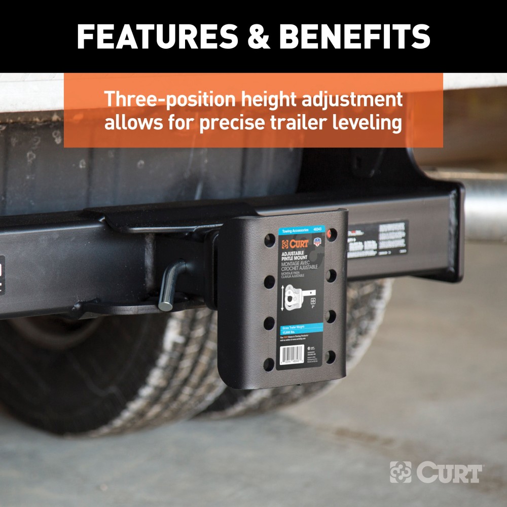 CURT Pintle Hitch Adjustable Mount with 2-Inch Receiver CURT pintle hitch with adjustable mount, fits 2-inch receiver, 17000 lbs capacity