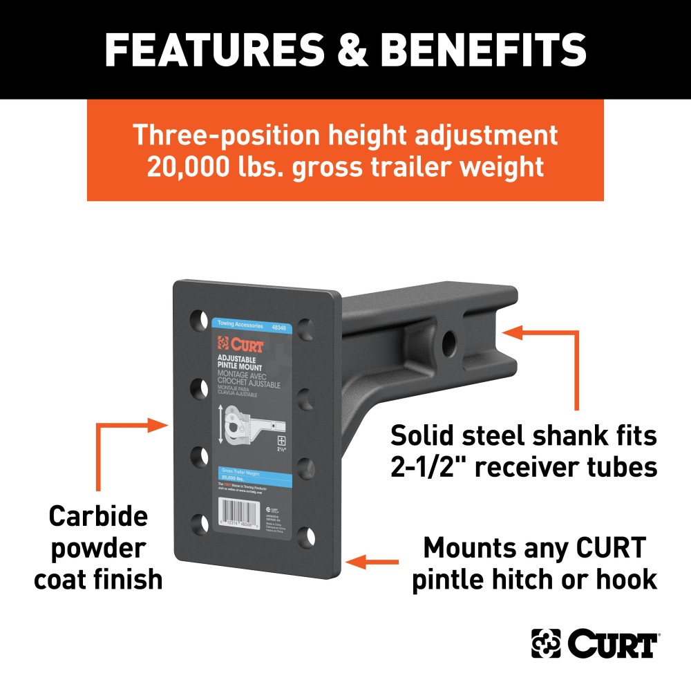 CURT 2-1/2 Inch Adjustable Pintle Mount for Heavy-Duty Towing CURT adjustable pintle mount with solid steel shank for heavy-duty towing