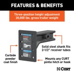 CURT 2-1/2 Inch Adjustable Pintle Mount for Heavy-Duty Towing CURT adjustable pintle mount with solid steel shank for heavy-duty towing