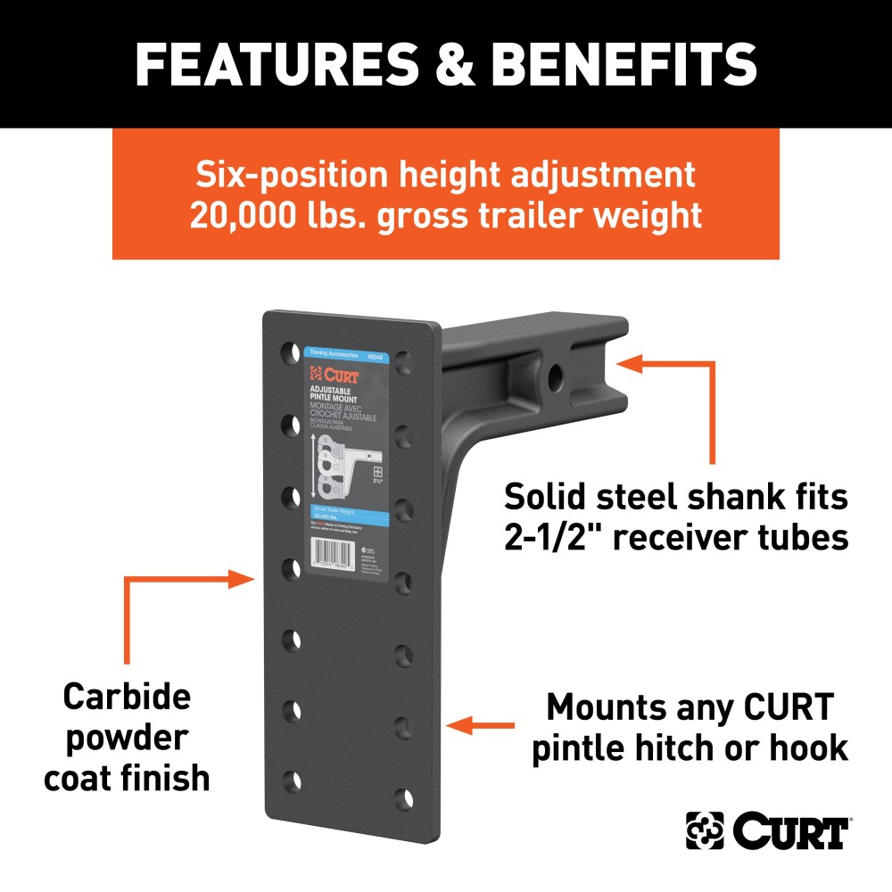 CURT 2-1/2" Adjustable Pintle Mount for Heavy-Duty Towing CURT adjustable pintle mount with solid steel shank for 2-1/2 inch hitch receiver, supporting up to 20,000 lbs.