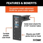 CURT 2-1/2" Adjustable Pintle Mount for Heavy-Duty Towing CURT adjustable pintle mount with solid steel shank for 2-1/2 inch hitch receiver, supporting up to 20,000 lbs.