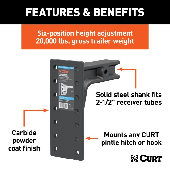 CURT 2-1/2" Adjustable Pintle Mount for Heavy-Duty Towing CURT adjustable pintle mount with solid steel shank for 2-1/2 inch hitch receiver, supporting up to 20,000 lbs.