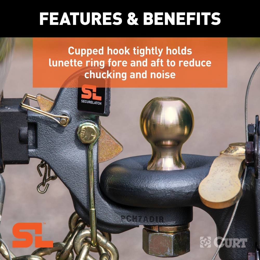CURT SecureLatch Pintle Ball Hitch with Auto-Locking Technology CURT SecureLatch pintle ball hitch with auto-lock and cupped design for trailers