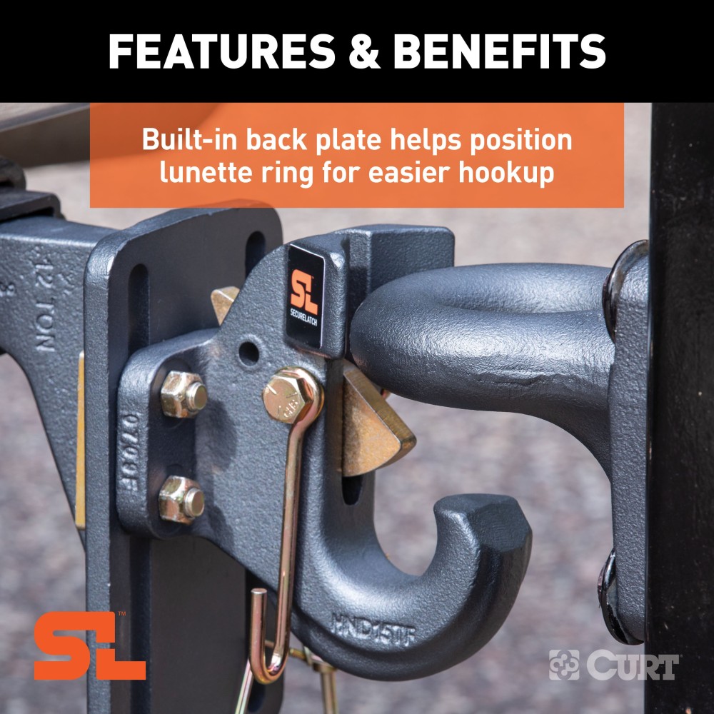 SecureLatch Auto-Locking Pintle Hook for 30,000 Lbs Trailer SecureLatch pintle hook with auto-locking mechanism rated for 30,000 lbs GTW.