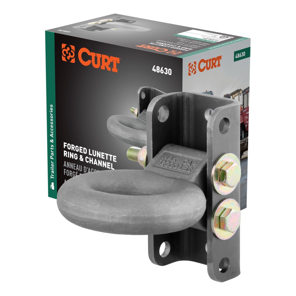 CURT Pintle Hitch with Adjustable Lunette Eye Kit CURT pintle hitch featuring a channel-mount lunette eye kit with three-position height adjustment, supporting up to 12,000 lbs