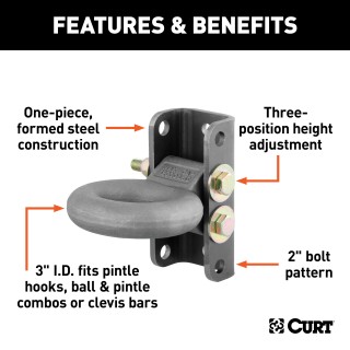 CURT Pintle Hitch with Adjustable Lunette Eye Kit CURT pintle hitch featuring a channel-mount lunette eye kit with three-position height adjustment, supporting up to 12,000 lbs