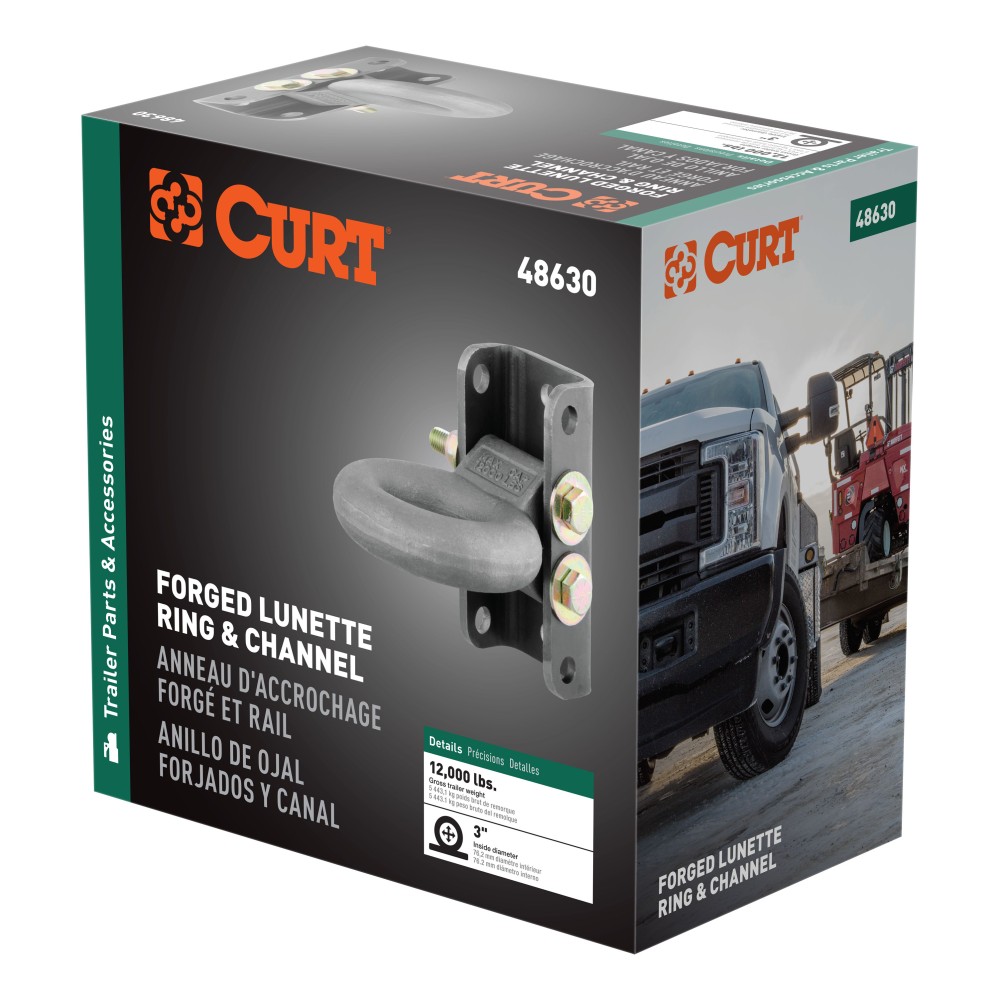CURT Pintle Hitch with Adjustable Lunette Eye Kit CURT pintle hitch featuring a channel-mount lunette eye kit with three-position height adjustment, supporting up to 12,000 lbs