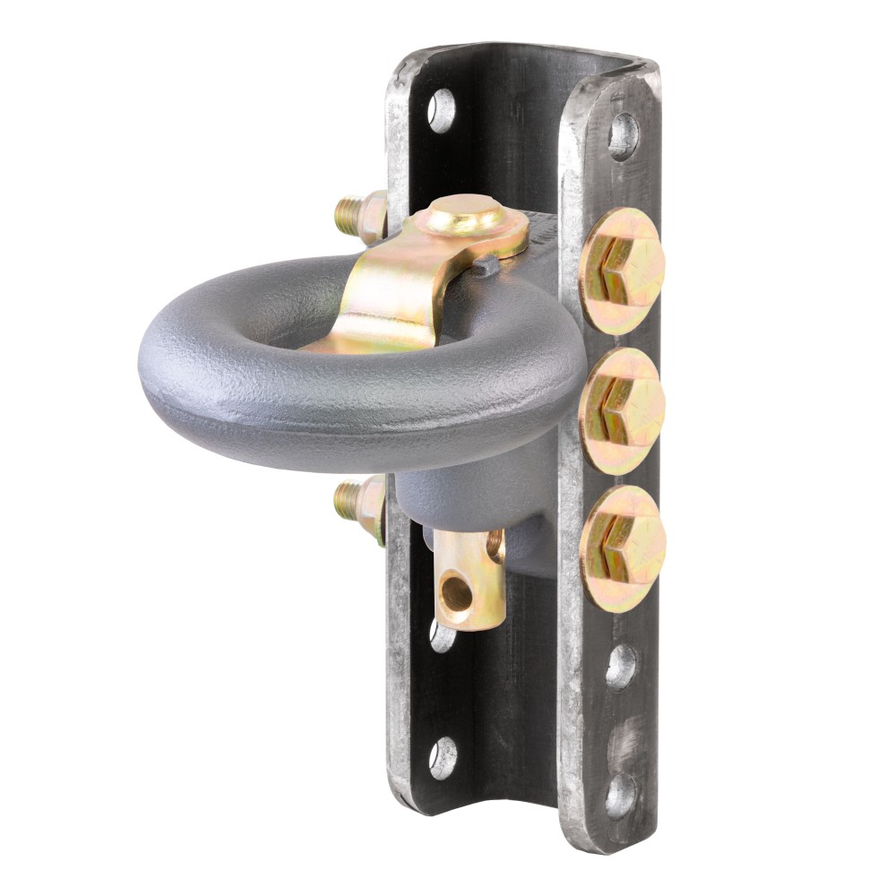 CURT SecureLatch lunette ring set with locking pin and adjustable channel for secure trailer hitching.