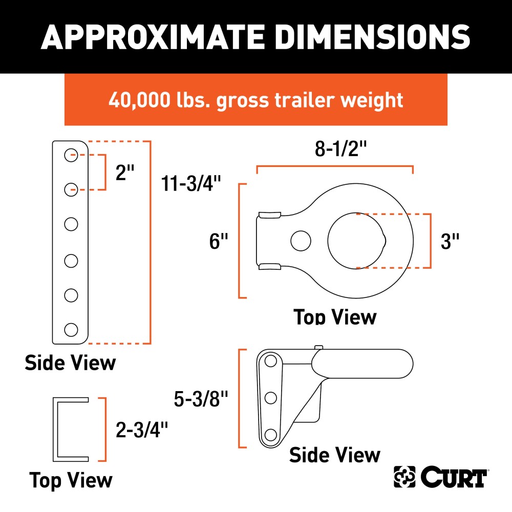CURT SecureLatch lunette ring set with locking pin and adjustable channel for secure trailer hitching.