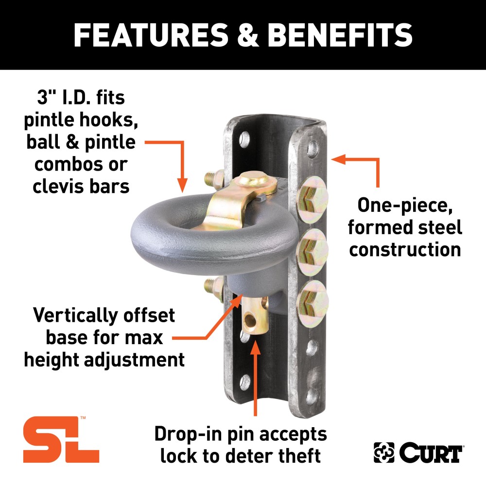 CURT SecureLatch lunette ring set with locking pin and adjustable channel for secure trailer hitching.