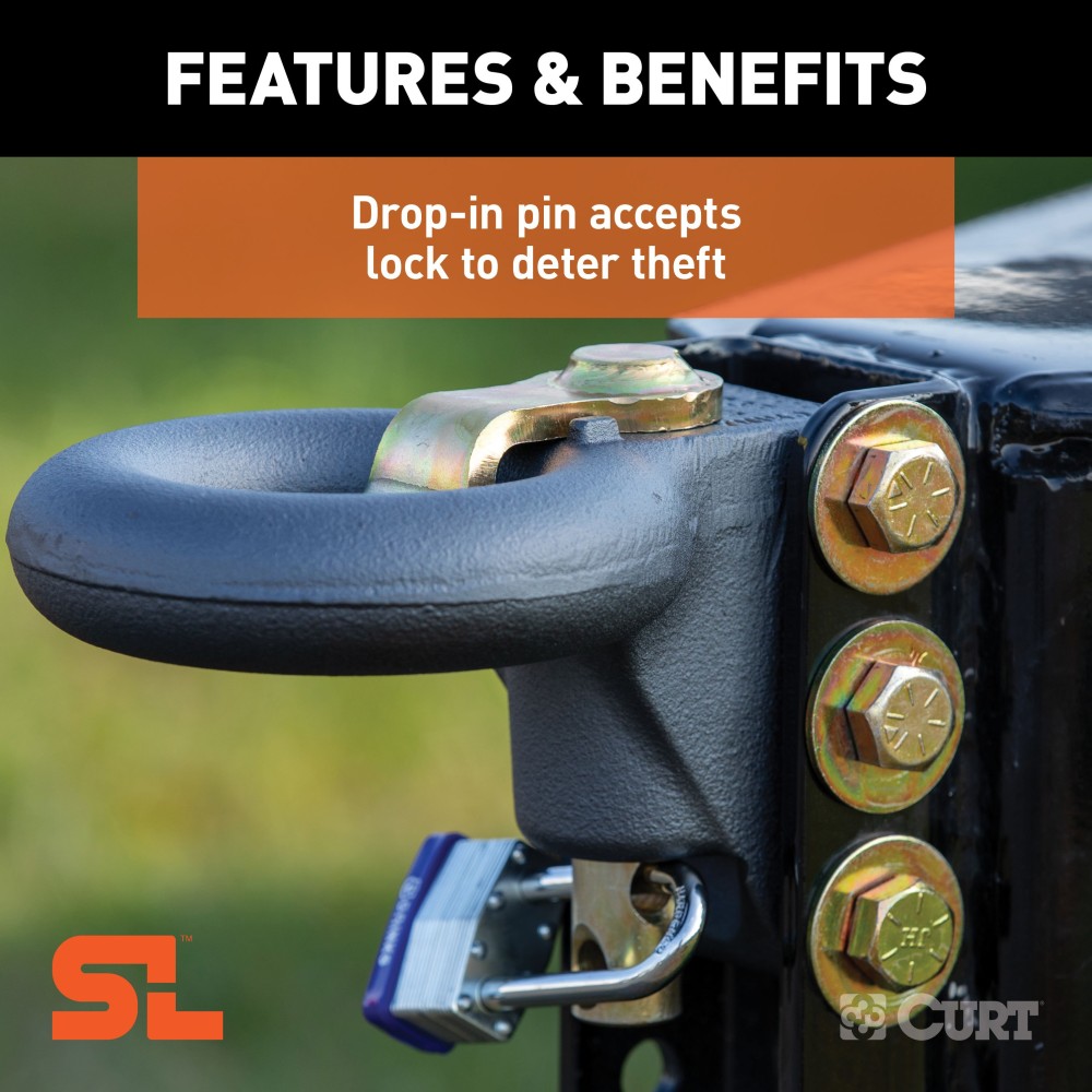 CURT SecureLatch lunette ring set with locking pin and adjustable channel for secure trailer hitching.