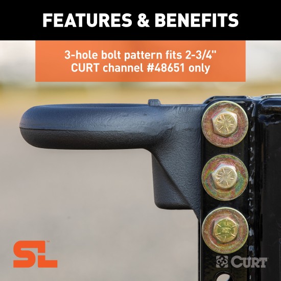 CURT SecureLatch Adjustable Lunette Ring and Channel Set CURT SecureLatch lunette ring set with locking pin and adjustable channel for secure trailer hitching.
