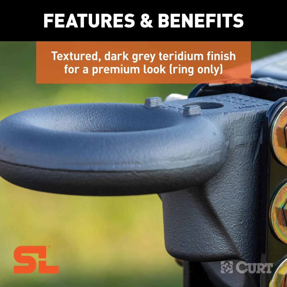 CURT SecureLatch lunette ring set with locking pin and adjustable channel for secure trailer hitching.