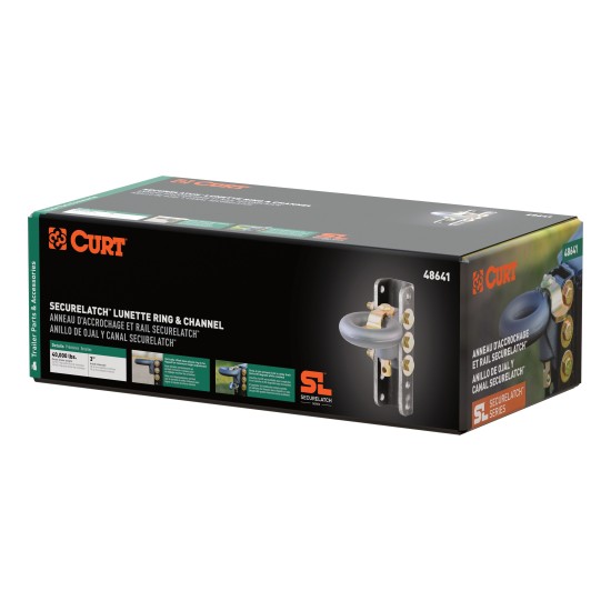 CURT SecureLatch Adjustable Lunette Ring and Channel Set CURT SecureLatch lunette ring set with locking pin and adjustable channel for secure trailer hitching.