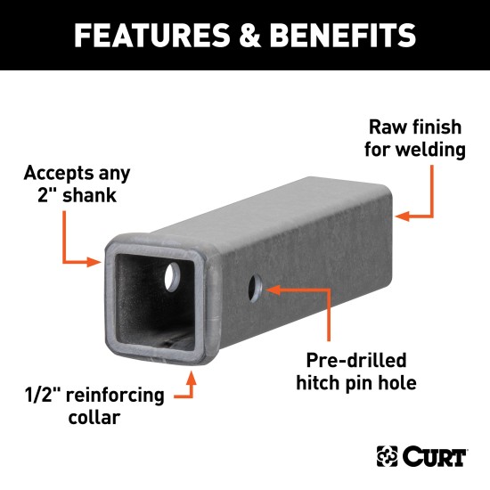 CURT Steel Receiver Tubing with 2 Inch Opening and Raw Finish CURT steel receiver tube with 2 inch by 2 inch opening, raw finish, ready for welding
