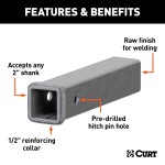 CURT Steel Receiver Tubing for Custom Towing, 12 Inch Long CURT steel receiver tubing, raw finish, 12 inches long, fits 2 inch hitch receivers.