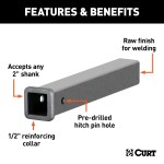 CURT 18-inch Raw Steel Receiver Tube for Towing Fabrication CURT fabrication steel receiver tubing with a raw finish designed for a 2" x 2" hitch