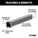 CURT Raw Steel Receiver Tubing with 2x2 Inch Opening, 24 Inch Length CURT receiver tubing, raw steel, 2x2 inch opening, 24 inch length for custom towing fabrication