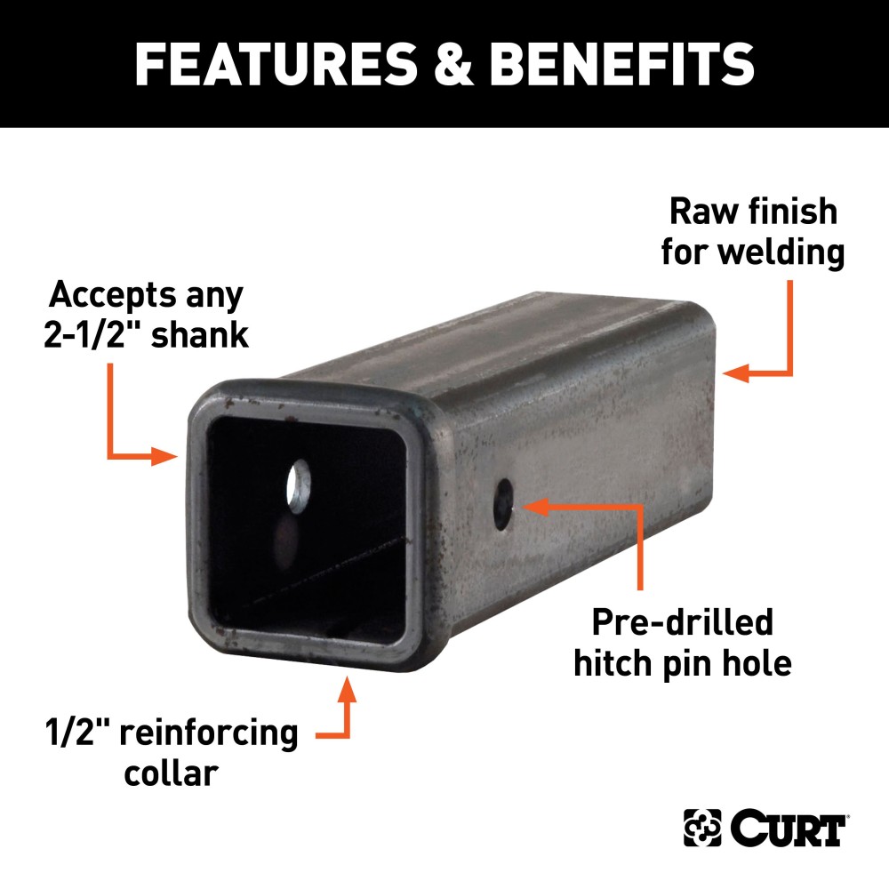 CURT raw steel receiver tube, 10 inches long with 2-1/2 inch opening, featuring 1/2 inch reinforcing collar for strength and weld-ready finish.