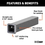 CURT Steel Receiver Tubing for 2-1/2 Inch Hitch, 18 Inch Long CURT raw steel receiver tubing, 18 inches long, with 2-1/2 inch opening and reinforcing collar for towing fabrication.