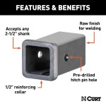 CURT Steel Receiver Tubing with Reinforcing Collar, Raw Finish CURT 2-1/2 inch receiver tube with 1/2 inch collar, raw finish for welding