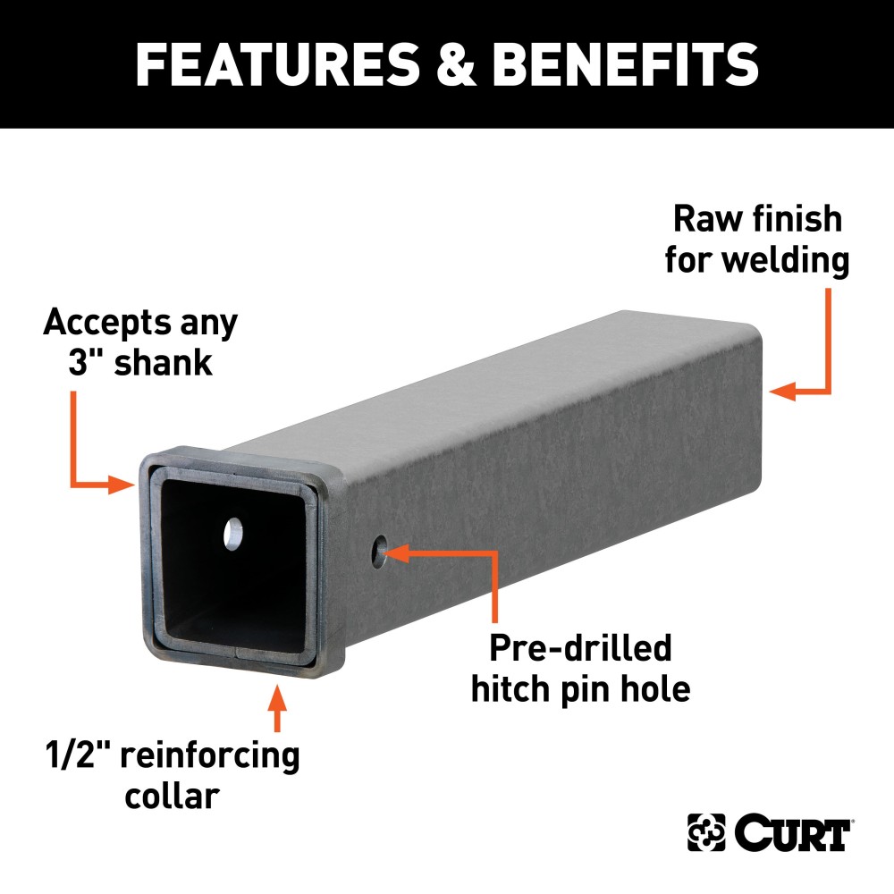 CURT Raw Steel Receiver Tubing for Custom Towing Solutions CURT raw steel receiver tubing with a 3x3 opening, suitable for custom towing.