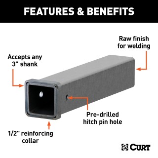 CURT Raw Steel Receiver Tubing for Custom Towing Solutions CURT raw steel receiver tubing with a 3x3 opening, suitable for custom towing.