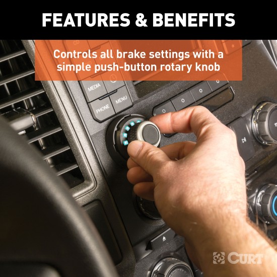 CURT Spectrum Trailer Brake Controller with Sleek Dash Interface CURT Spectrum trailer brake controller with rotary knob interface and tri-color LEDs for enhanced vehicle safety.