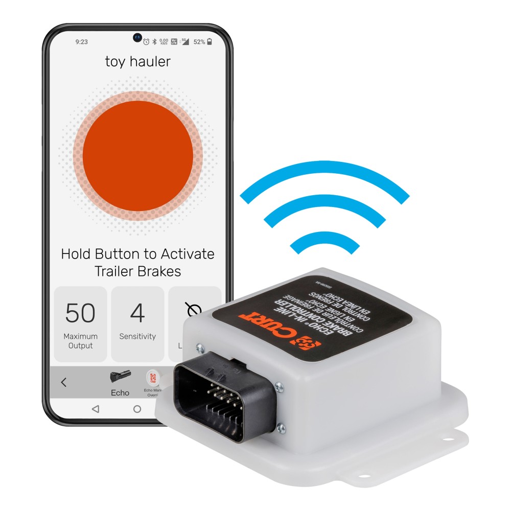 CURT Echo Bluetooth Trailer Brake Controller for Smartphones CURT Echo in-line Bluetooth trailer brake controller connected to a smartphone showing brake monitoring app.