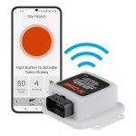 CURT Echo Bluetooth Trailer Brake Controller for Smartphones CURT Echo in-line Bluetooth trailer brake controller connected to a smartphone showing brake monitoring app.