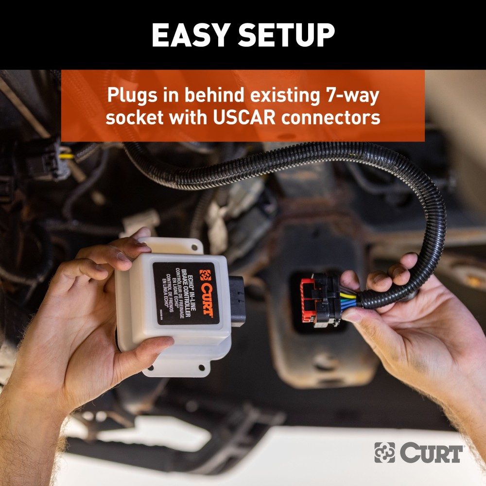 CURT Echo Bluetooth Trailer Brake Controller for Smartphones CURT Echo in-line Bluetooth trailer brake controller connected to a smartphone showing brake monitoring app.