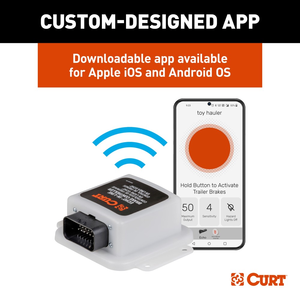 CURT Echo Bluetooth Trailer Brake Controller for Smartphones CURT Echo in-line Bluetooth trailer brake controller connected to a smartphone showing brake monitoring app.