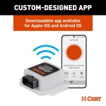 CURT Echo Bluetooth Trailer Brake Controller for Smartphones CURT Echo in-line Bluetooth trailer brake controller connected to a smartphone showing brake monitoring app.